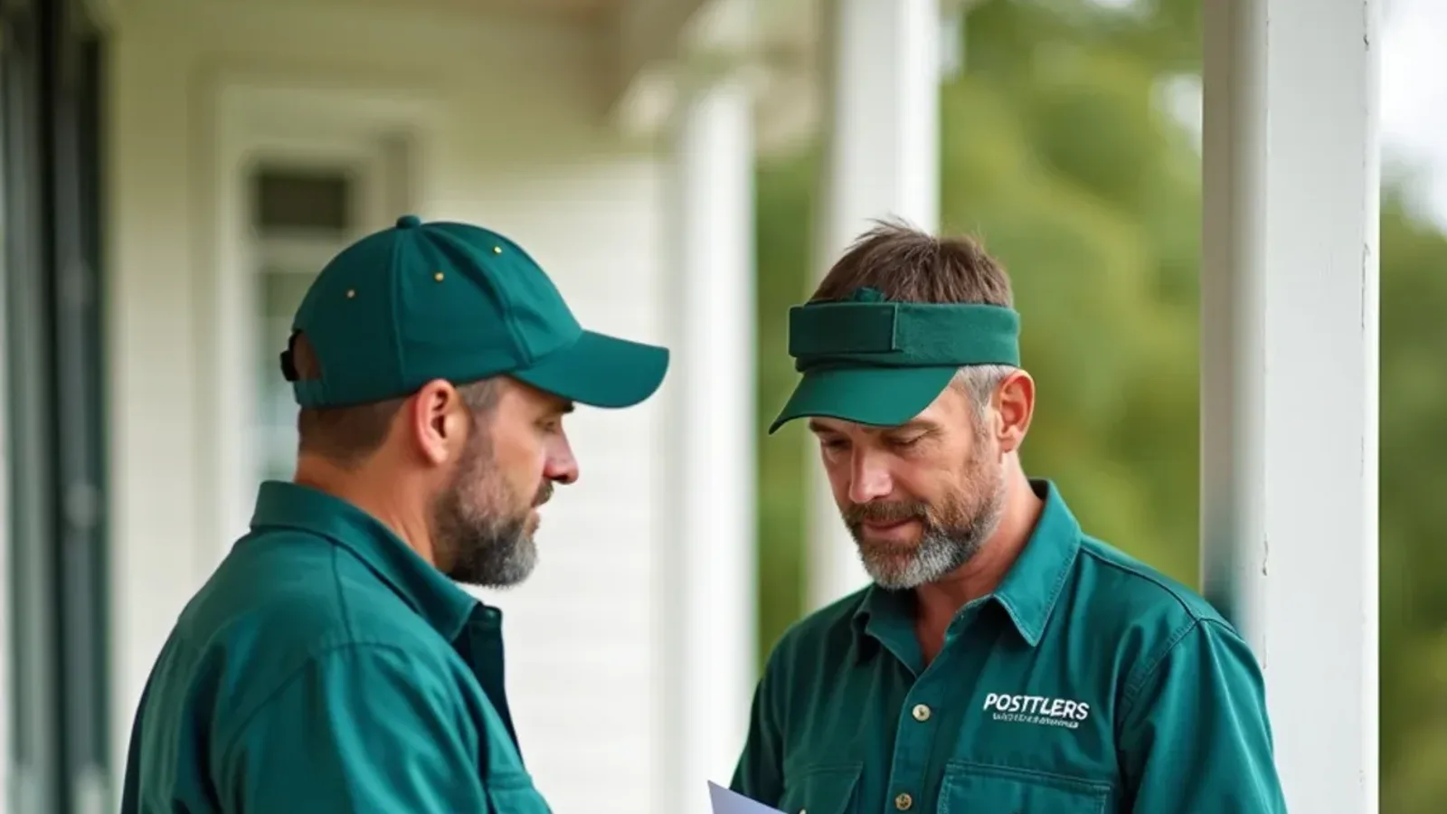 Pest control technician reviewing a service plan with a homeowner on a southern Indiana front porch